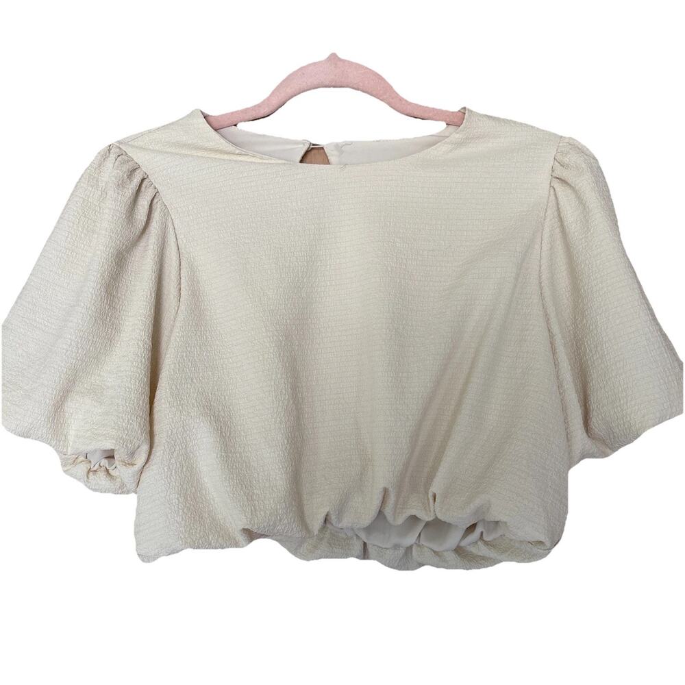 DAZY Cream Puff Sleeve Crop Top Sz M Coquette Romantic Keyhole Back Elastic